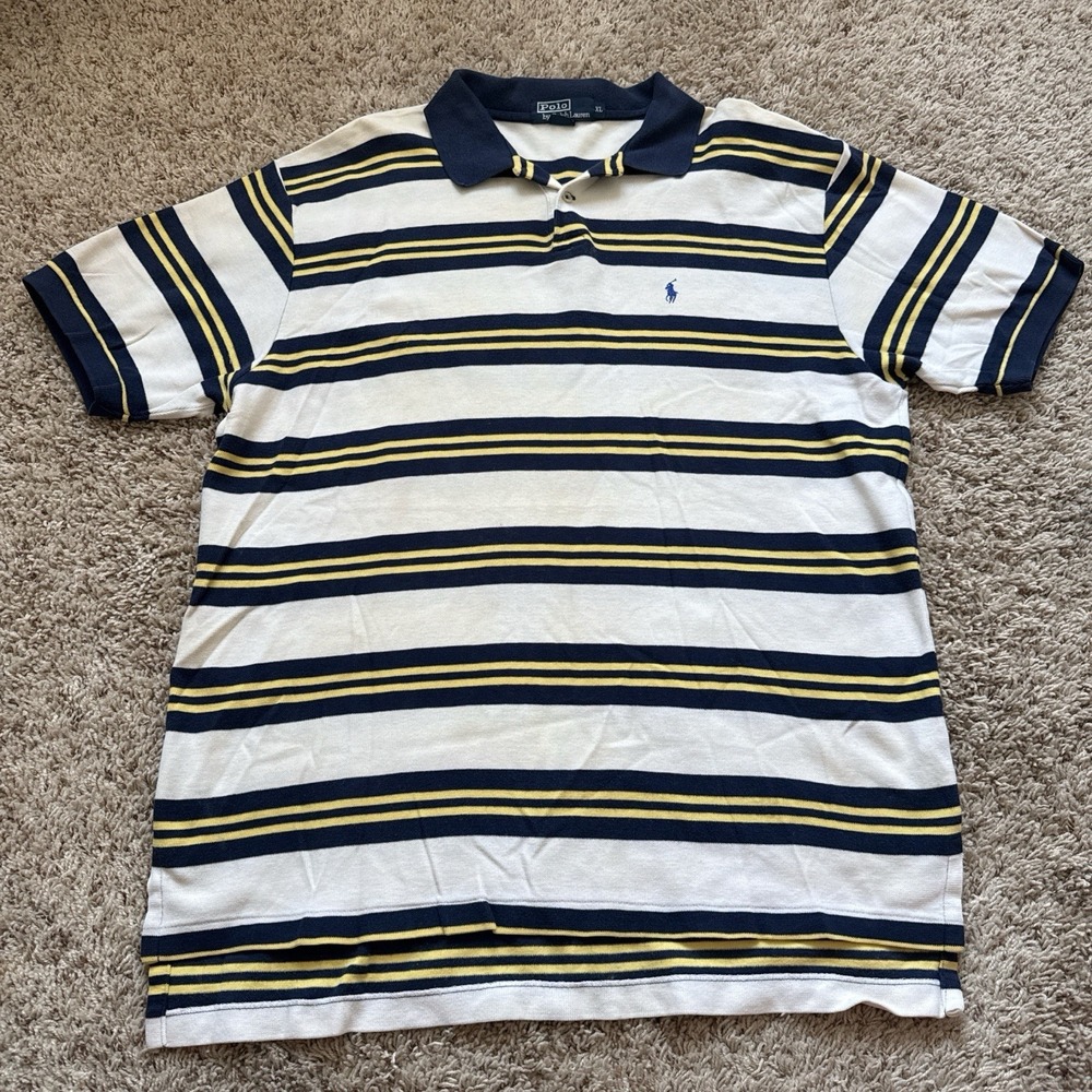 Vintage Y2K Polo Ralph Lauren Striped Polo XL 100% Cotton White/Blue/Yellow
